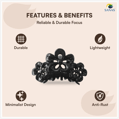 Black floral hair clip with features and benefits listed on a beige background