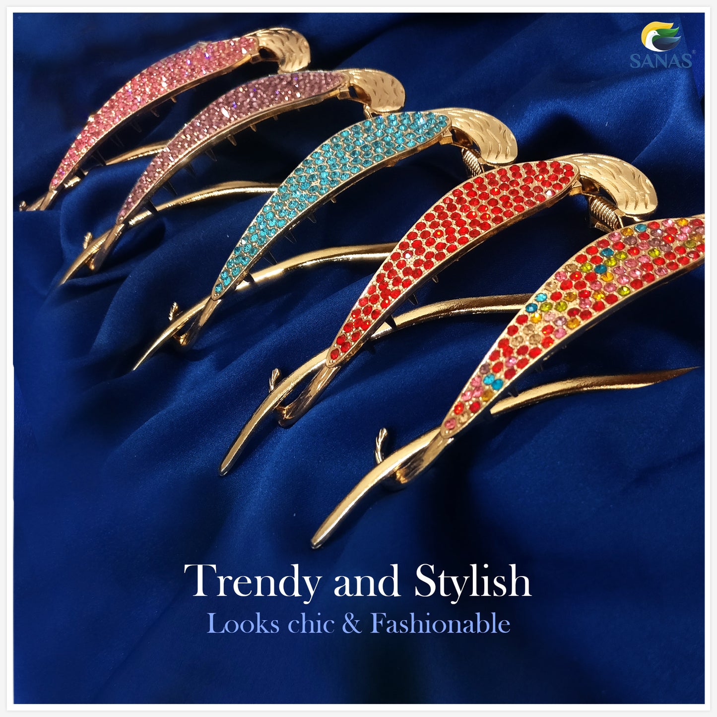 Sanas Multicolor Diamond Banana Clip - 6Pcs