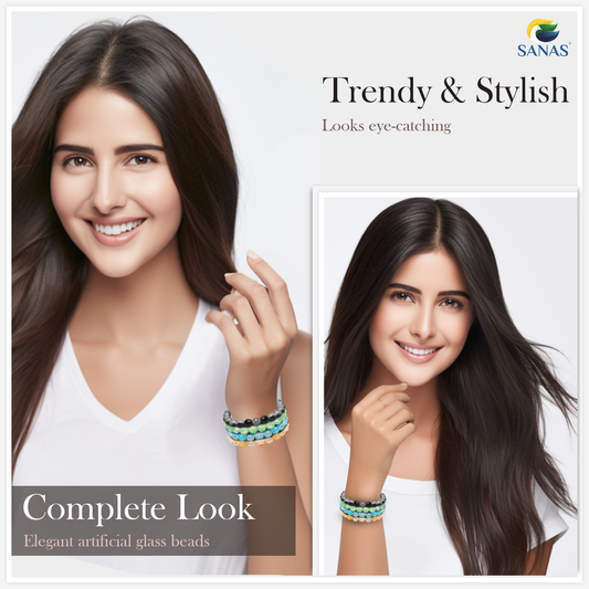 Woman wearing multiple bracelets with text 'Trendy & Stylish' and 'Complete Look' on a white background.