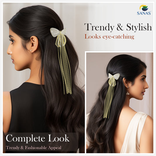 Sanas Rhinestone Bow Knot Tassel Clip 1Pc