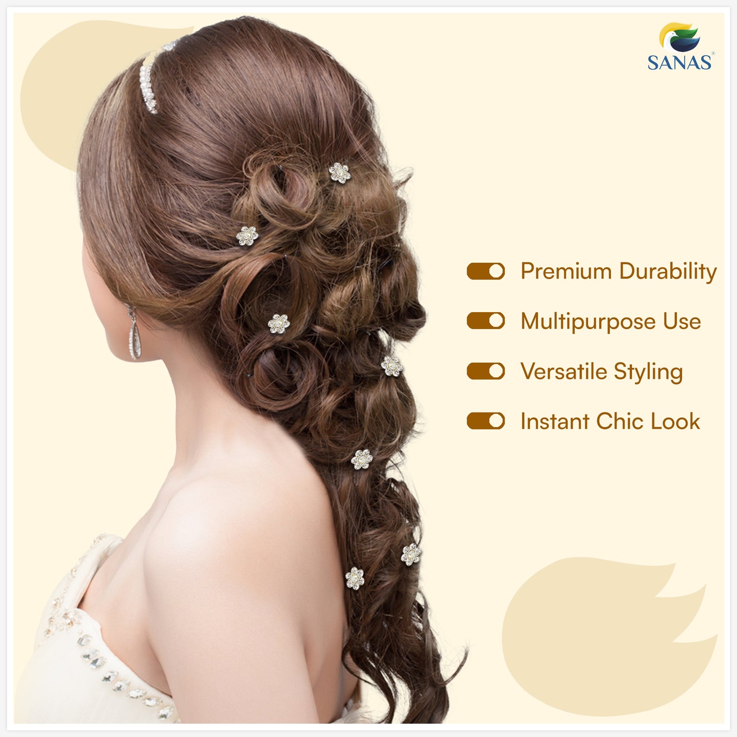 Sanas Pearl Spring Bun Pins – Easy Hair Bun Styling Accessories for Women – 12 Pcs