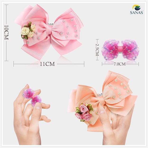 Pink and peach hair bows with floral decorations and measurements, featuring the brand 'SANAS'.