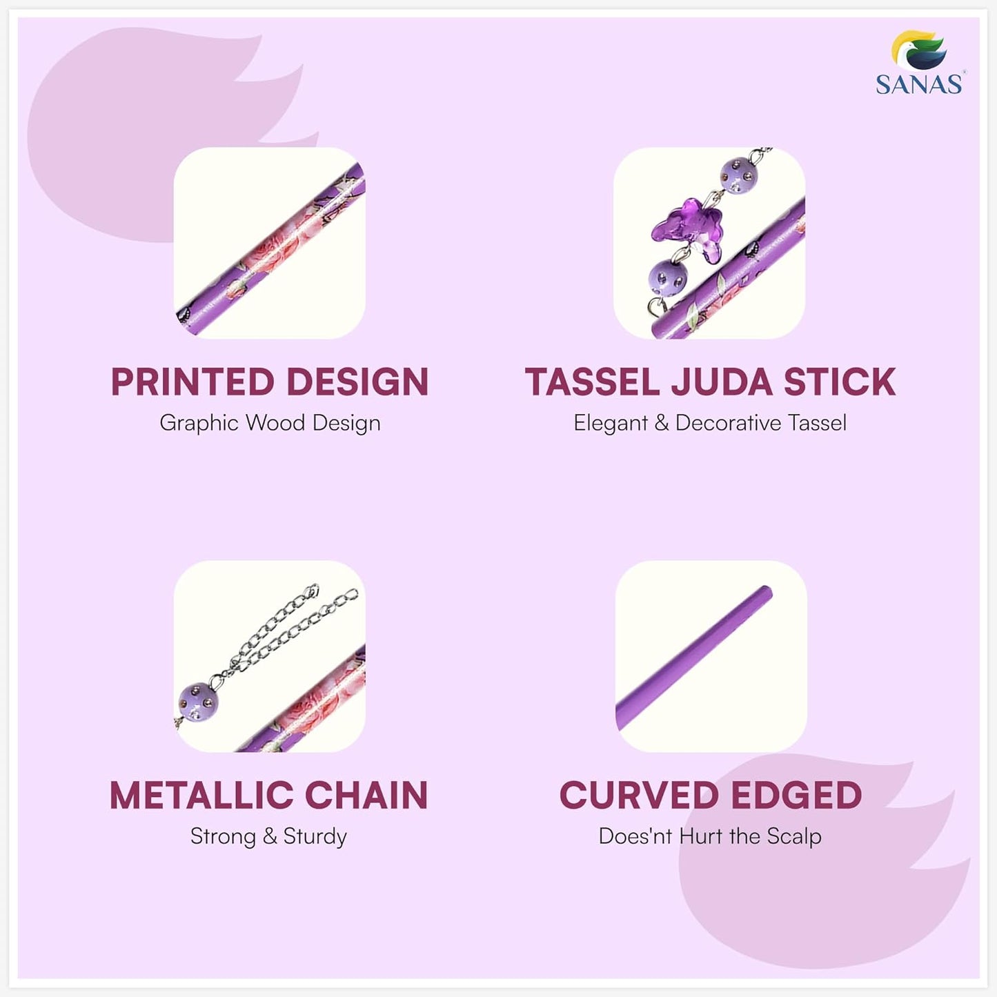 Product features of a hair accessory with printed design, tassel juda stick, metallic chain, and curved edged on a purple background.