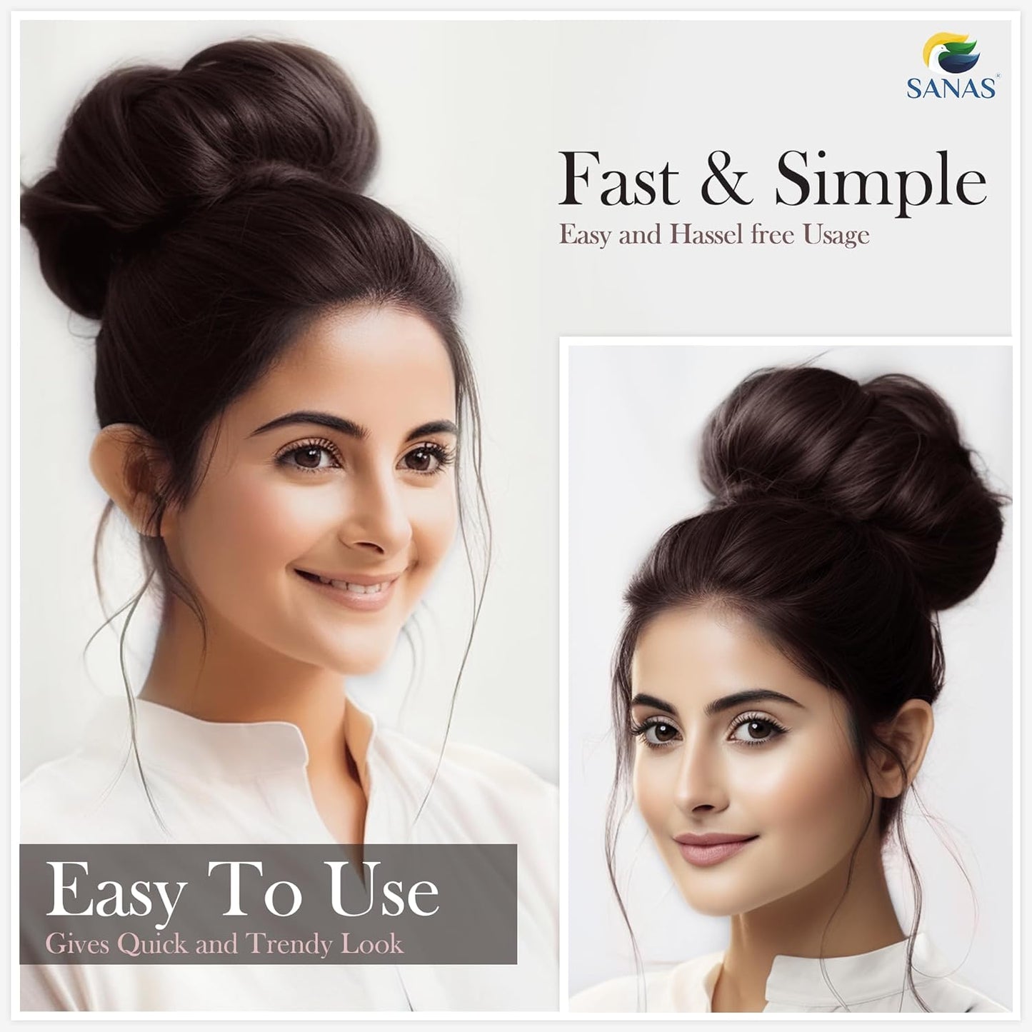 Woman with styled hair and promotional text for a hair product brand on a white background