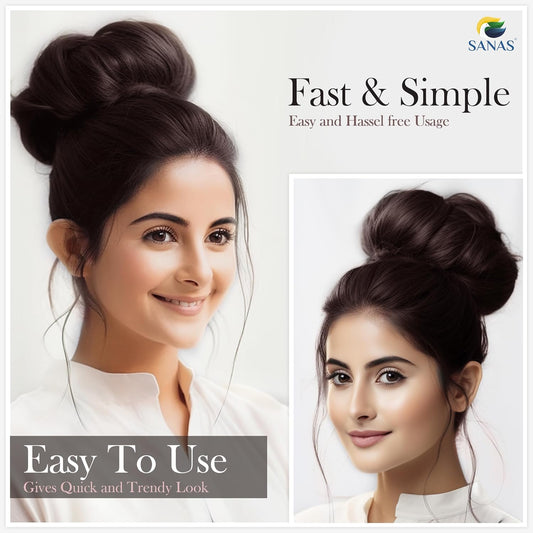 Woman with styled hair and promotional text for a hair product brand on a white background