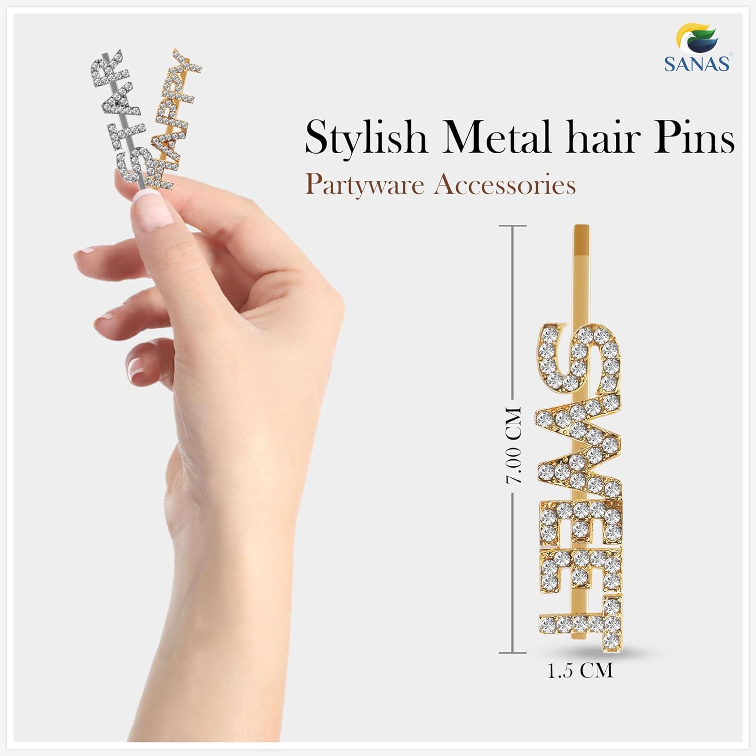 Stylish metal hair pins with 'SWEET' design, held by a hand, on a light gray background.- Sanas crystal hair pins set for stylish party hairstyles
