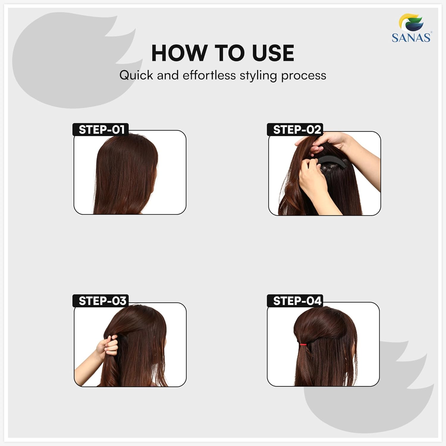 Puff hair accessories for high puff hairstyle and bridal styling with SANAS logo.