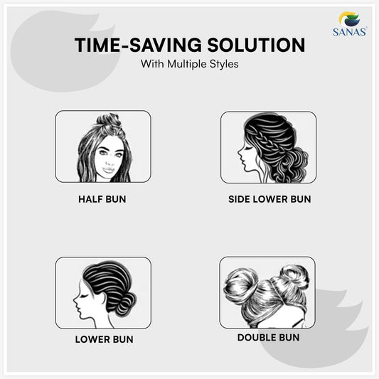 Illustrations of different hair bun styles with 'SANAS' branding on a light gray background.