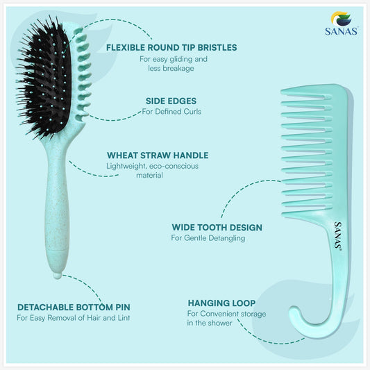 Sanas Curly Hair Brush & Wide Tooth Comb Set 2Pc