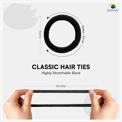 Black hair tie with measurements and hands holding it, branded 'SANAS'.