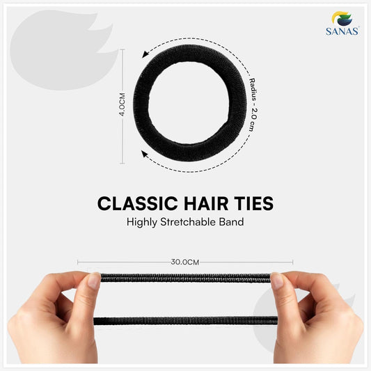 Black hair tie with measurements and hands holding it, branded 'SANAS'.