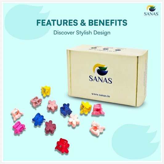 Box of colorful hair clips with SANAS branding, SANAS mini floral hair clips pack for baby girls and cute styling