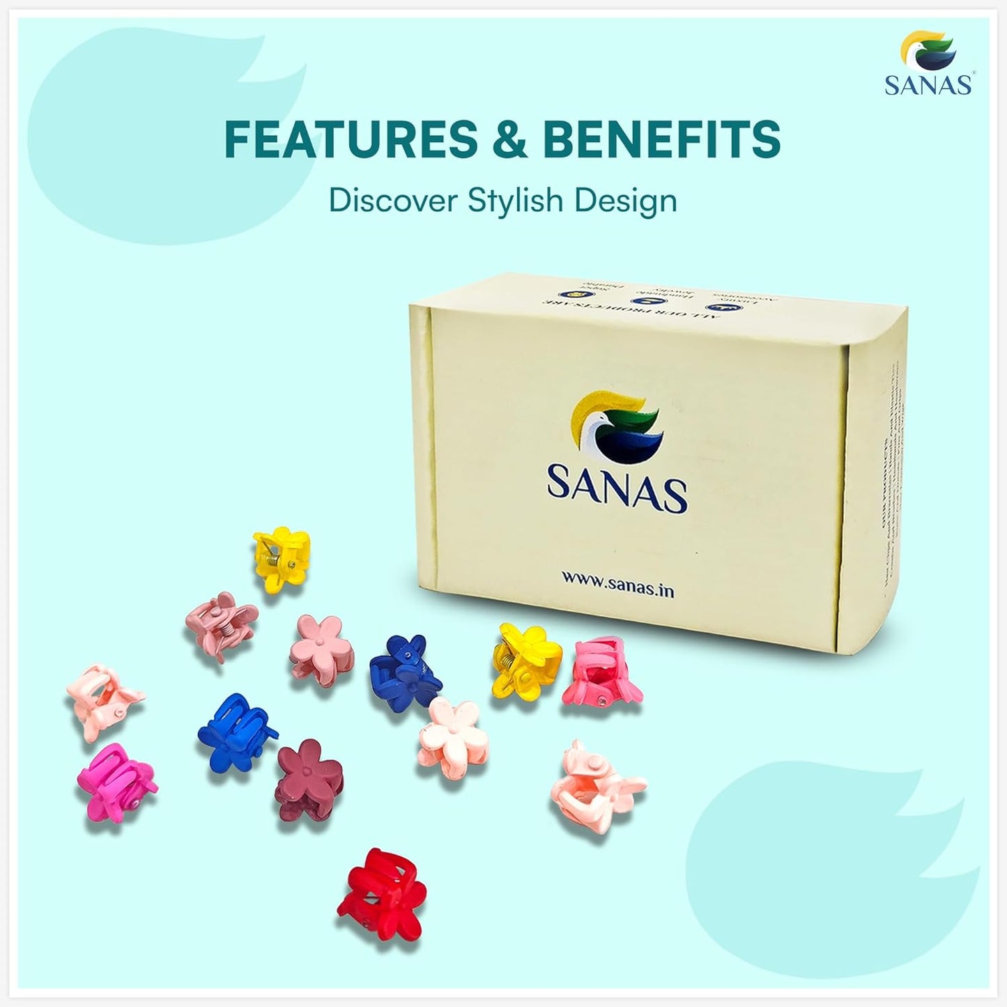 Box of colorful hair clips with SANAS branding, SANAS mini floral hair clips pack for baby girls and cute styling
