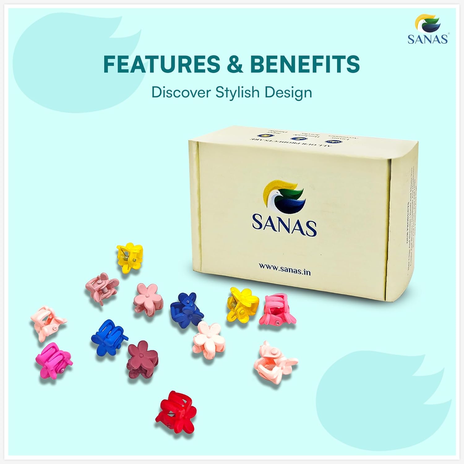 Box of colorful hair clips with SANAS branding, SANAS mini floral hair clips pack for baby girls and cute styling