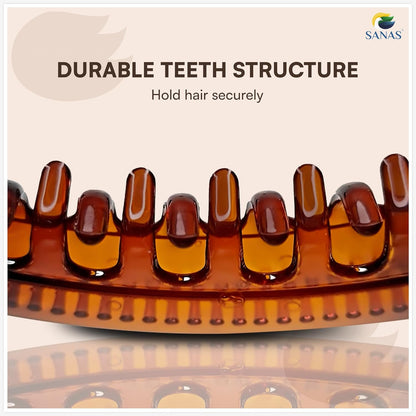 Brown hair clip with durable teeth structure on a beige background, featuring the SANAS brand.