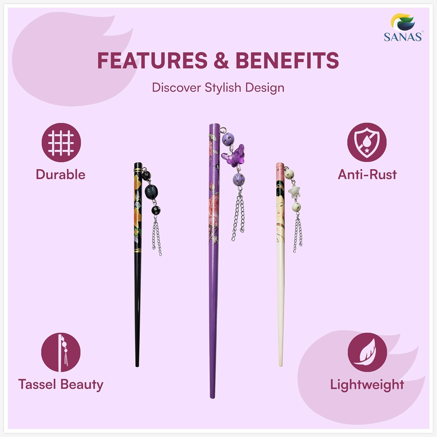 Product features and benefits on a pink background with 'SANAS' branding.Wooden hair chopsticks for stylish hair bun with a stick looks
