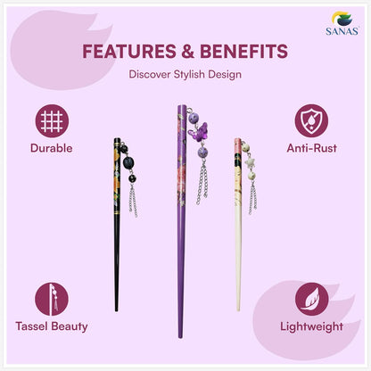 Product features and benefits on a pink background with 'SANAS' branding.Wooden hair chopsticks for stylish hair bun with a stick looks