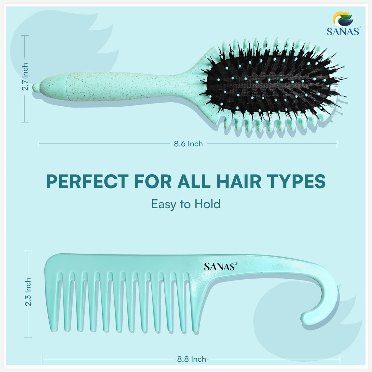 Sanas Curly Hair Brush & Wide Tooth Comb Set 2Pc