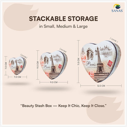 Sanas Heart Shaped Tin Box Storage I Love Paris Tower Set of 3