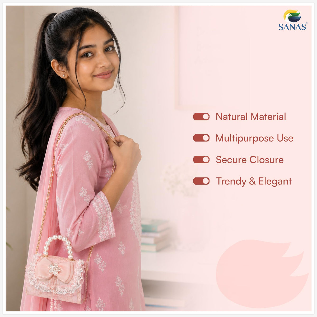 SANAS Pink Party Sling Bag with Pearl Handle
