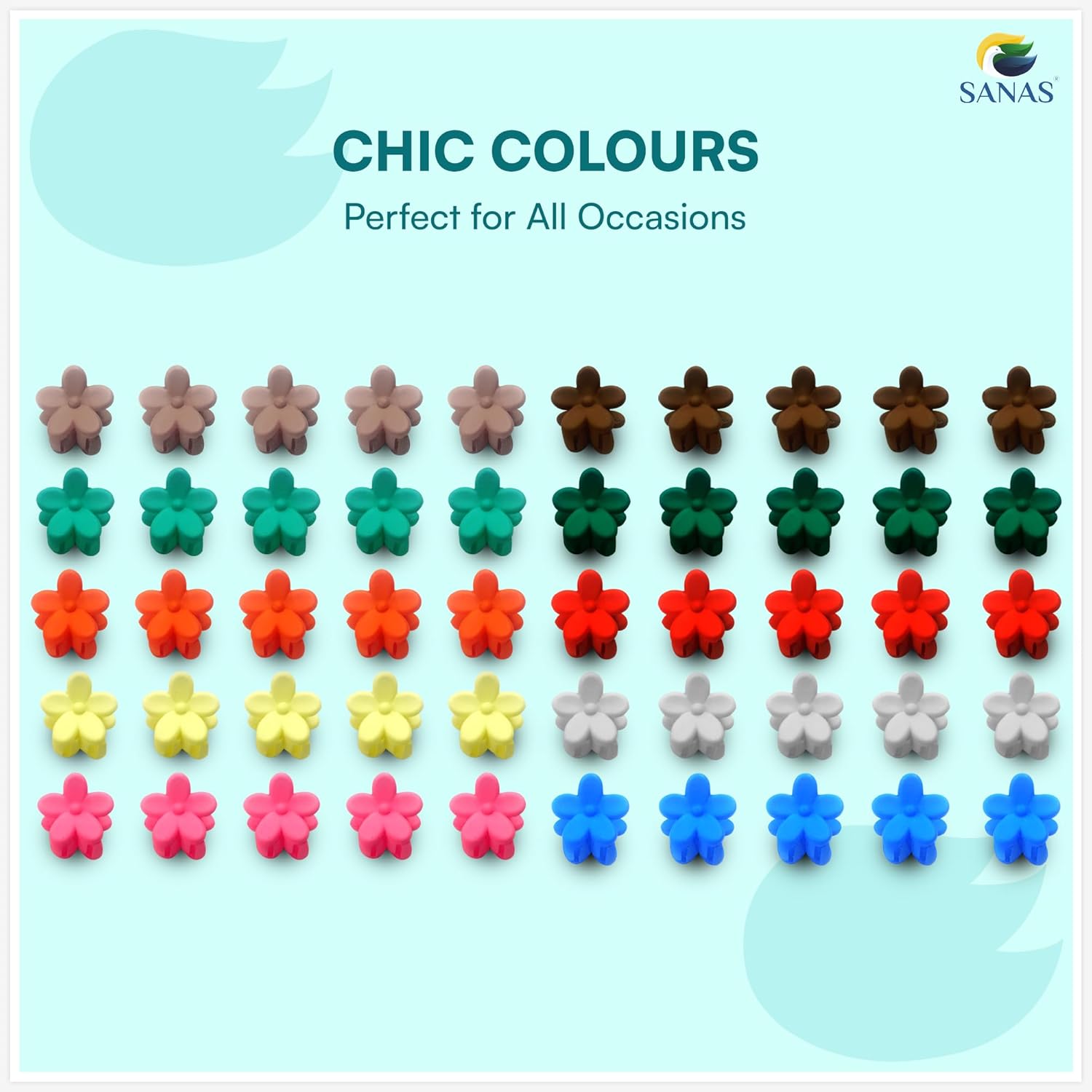 Color swatch with flower-shaped accessories in various colors on a light blue background, branded 'SANAS'.