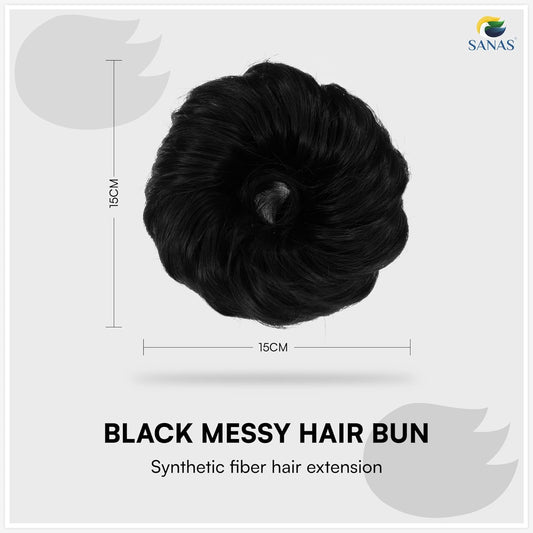 Black messy hair bun extension with dimensions on a light gray background, featuring the brand 'SANAS'.