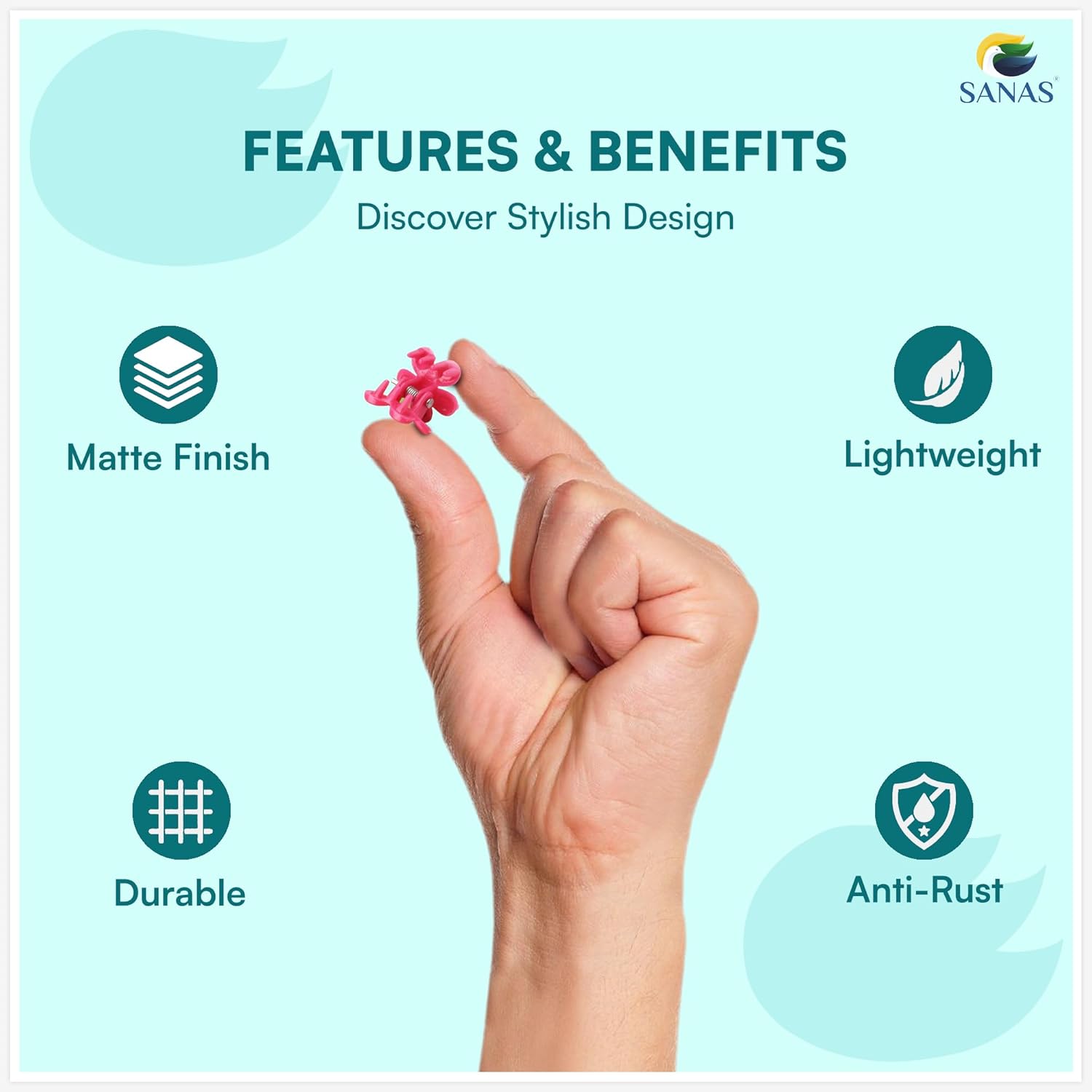 Hand holding a small pink flower with features and benefits listed on a light blue background—lightweight colorful flower hair clips for kids and toddlers
