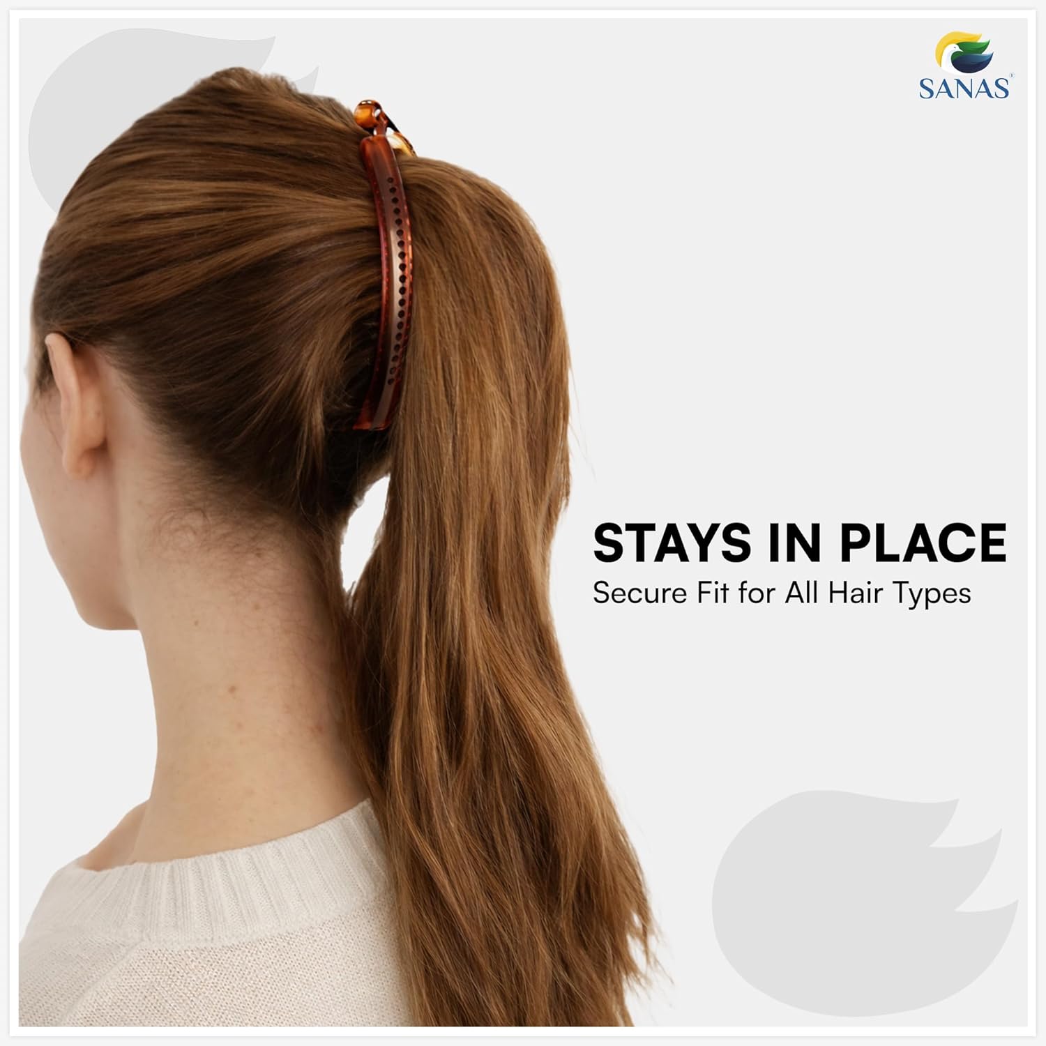 Person with ponytail using a hair tie, with 'SANAS' branding and text about secure fit for all hair types.