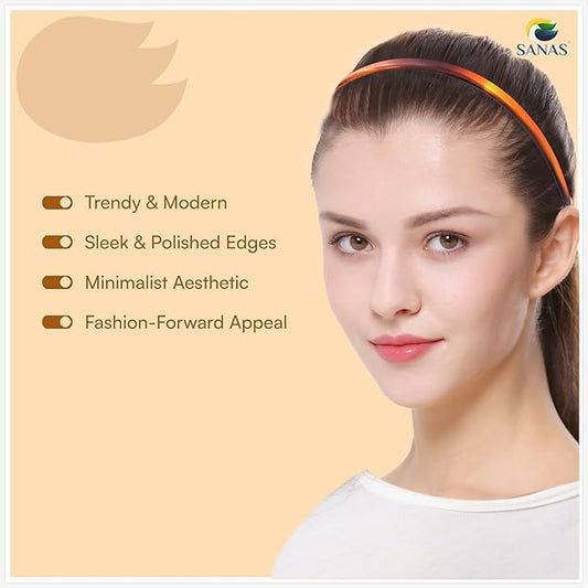 Woman wearing an orange headband with 'SANAS' branding, featuring text on trendy and modern design.