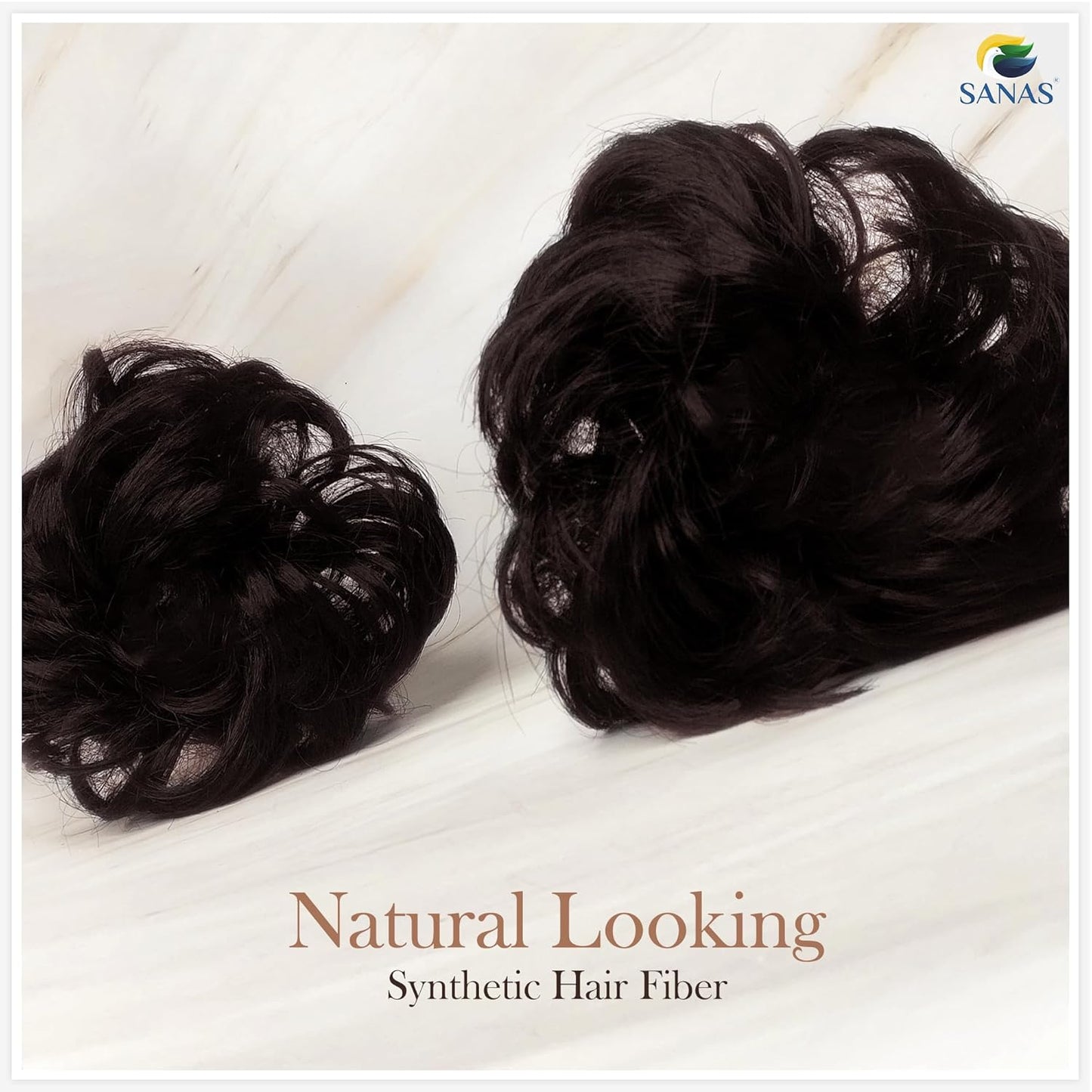 Two black synthetic hair extensions on a white background with 'SANAS' branding.