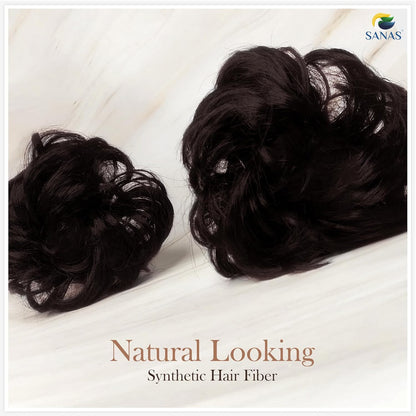 Two black synthetic hair extensions on a white background with 'SANAS' branding.