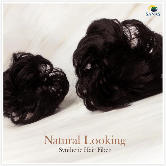 Two black synthetic hair extensions on a white background with 'SANAS' branding.