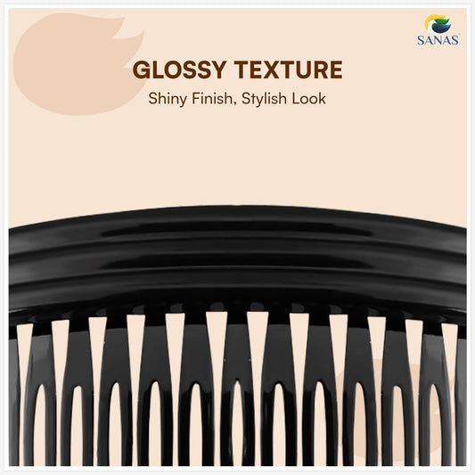 Black comb with glossy texture on a beige background, featuring the Sanas brand.