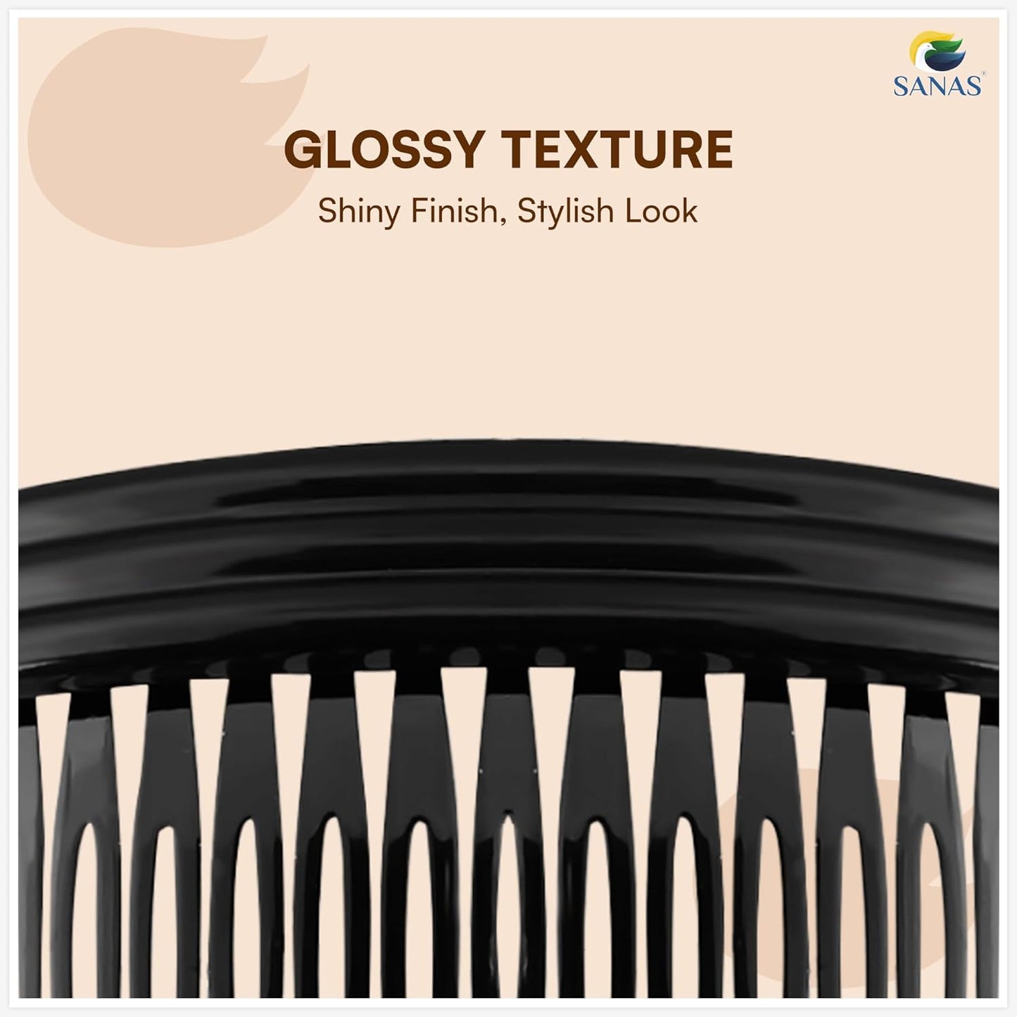 Black comb with glossy texture on a beige background, featuring the Sanas brand.