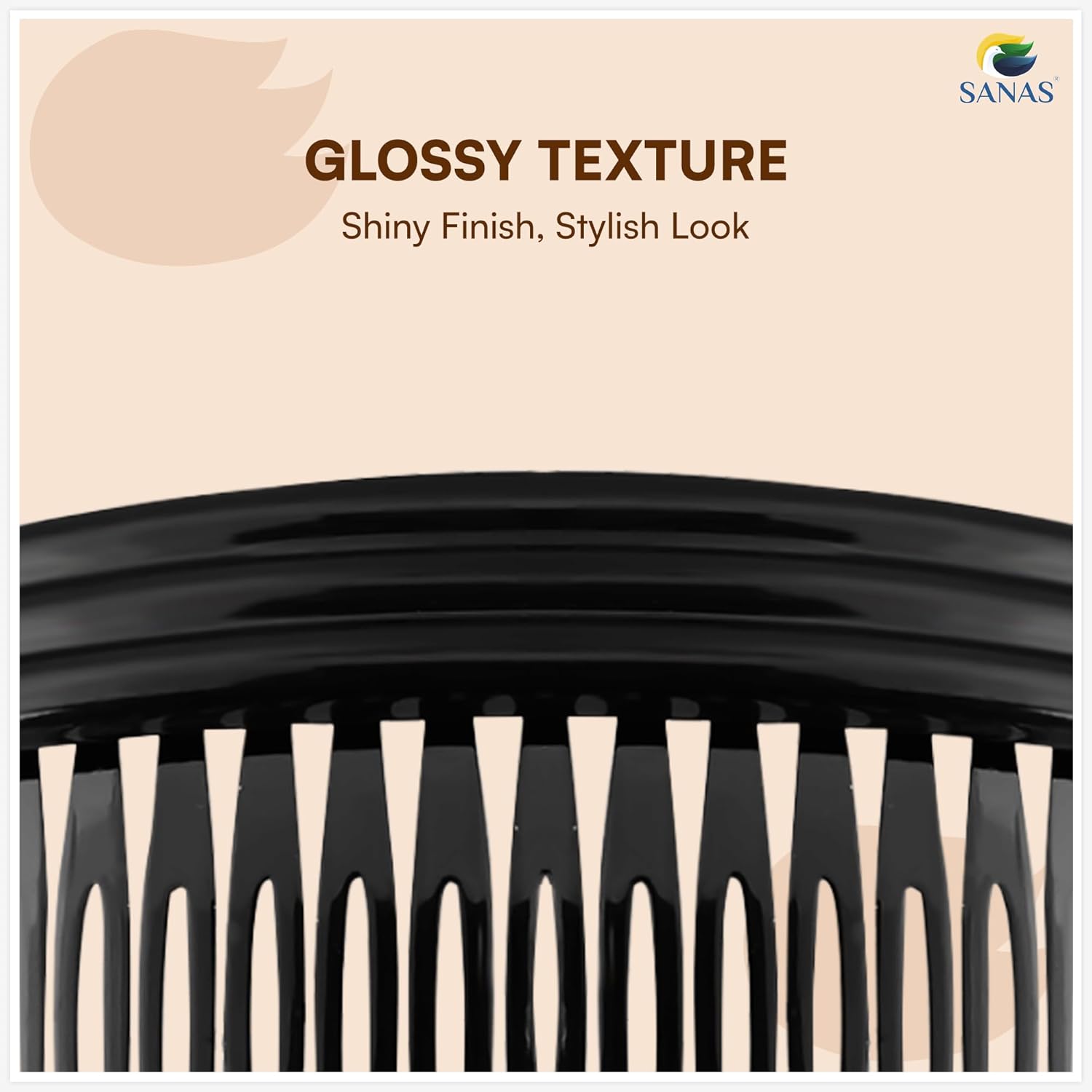 Black comb with glossy texture on a beige background, featuring the Sanas brand.