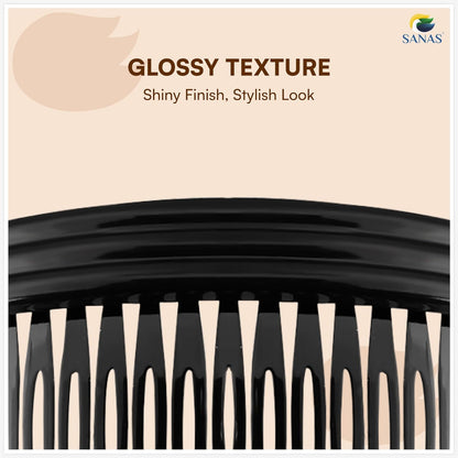 Black comb with glossy texture on a beige background, featuring the Sanas brand.