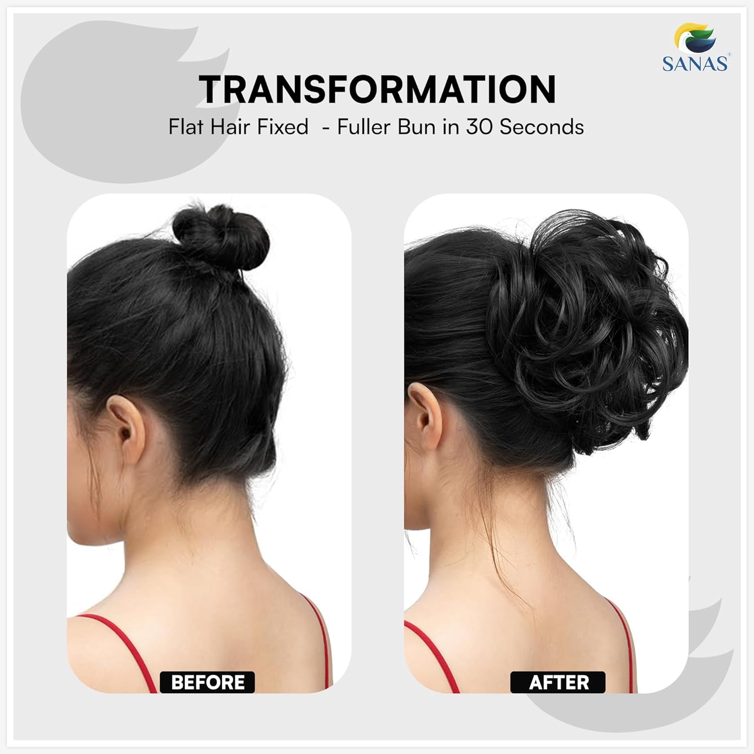 Before and after transformation of flat hair fixed into a fuller bun using SANAS product. Lightweight black synthetic bun hair accessory for bridal styling