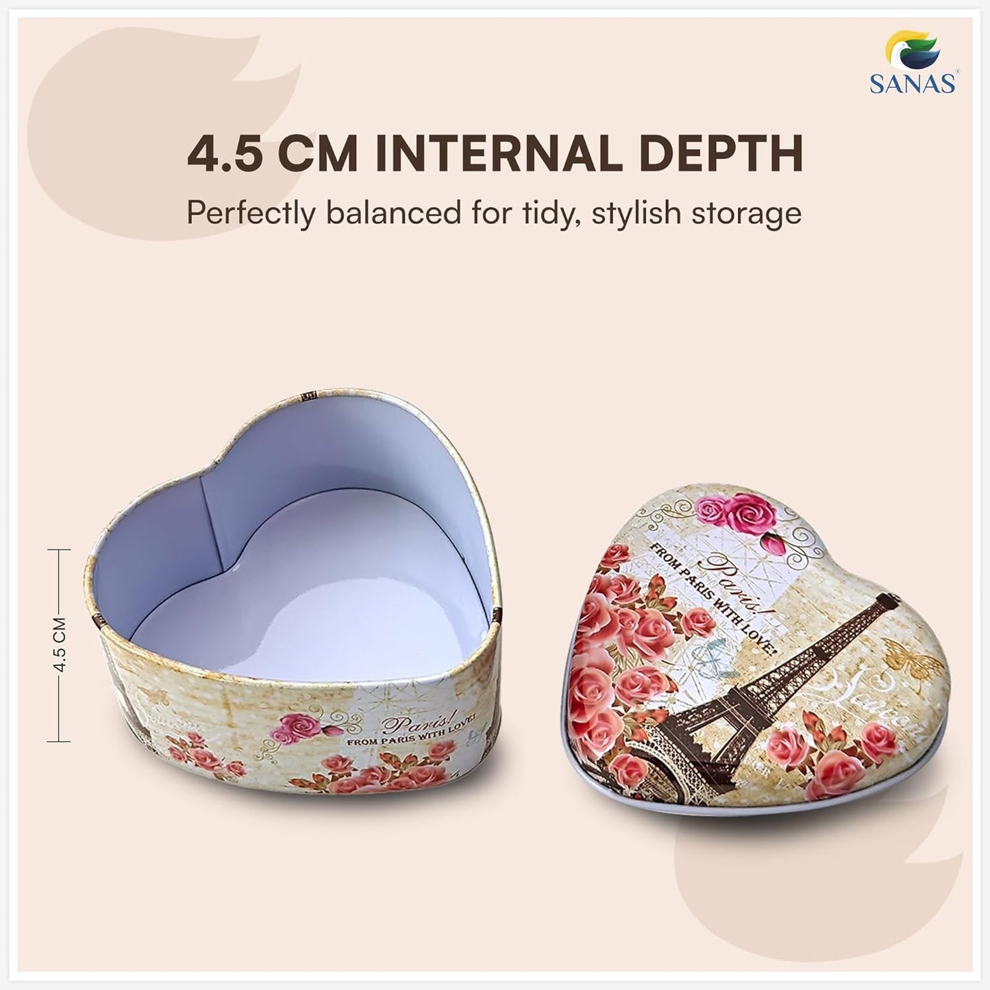 Sanas Heart Shaped Tin Box Storage From Paris With Love Set of 3