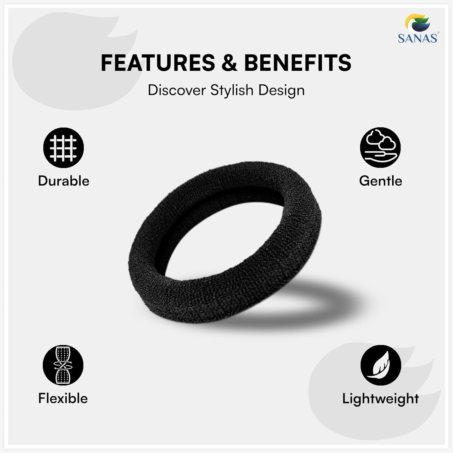 Stretchable elastic hair bands with cushioned fabric and no-slip grip