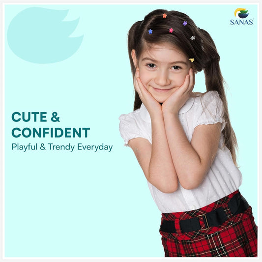 Young girl with styled hair against a light blue background, featuring the brand 'SANAS'.