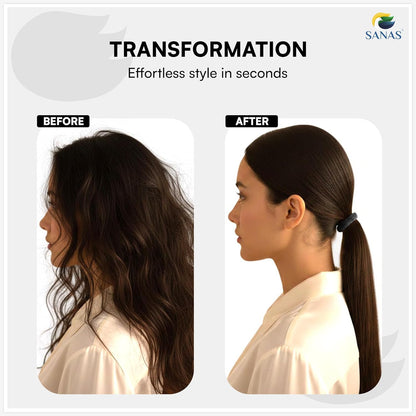 Before and after transformation of hair styling with 'SANAS' branding. Soft elastic hair ties for ponytail bun and daily hairstyling