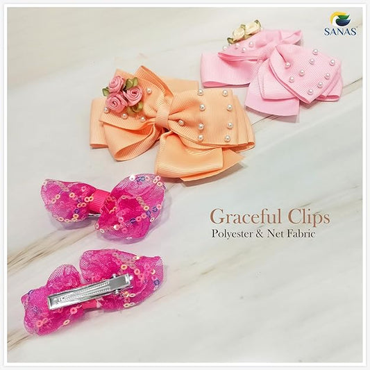 Set of colorful hair clips with decorative elements on a light background, featuring the brand 'SANAS'.Floral sequin ribbon hair accessories for girls