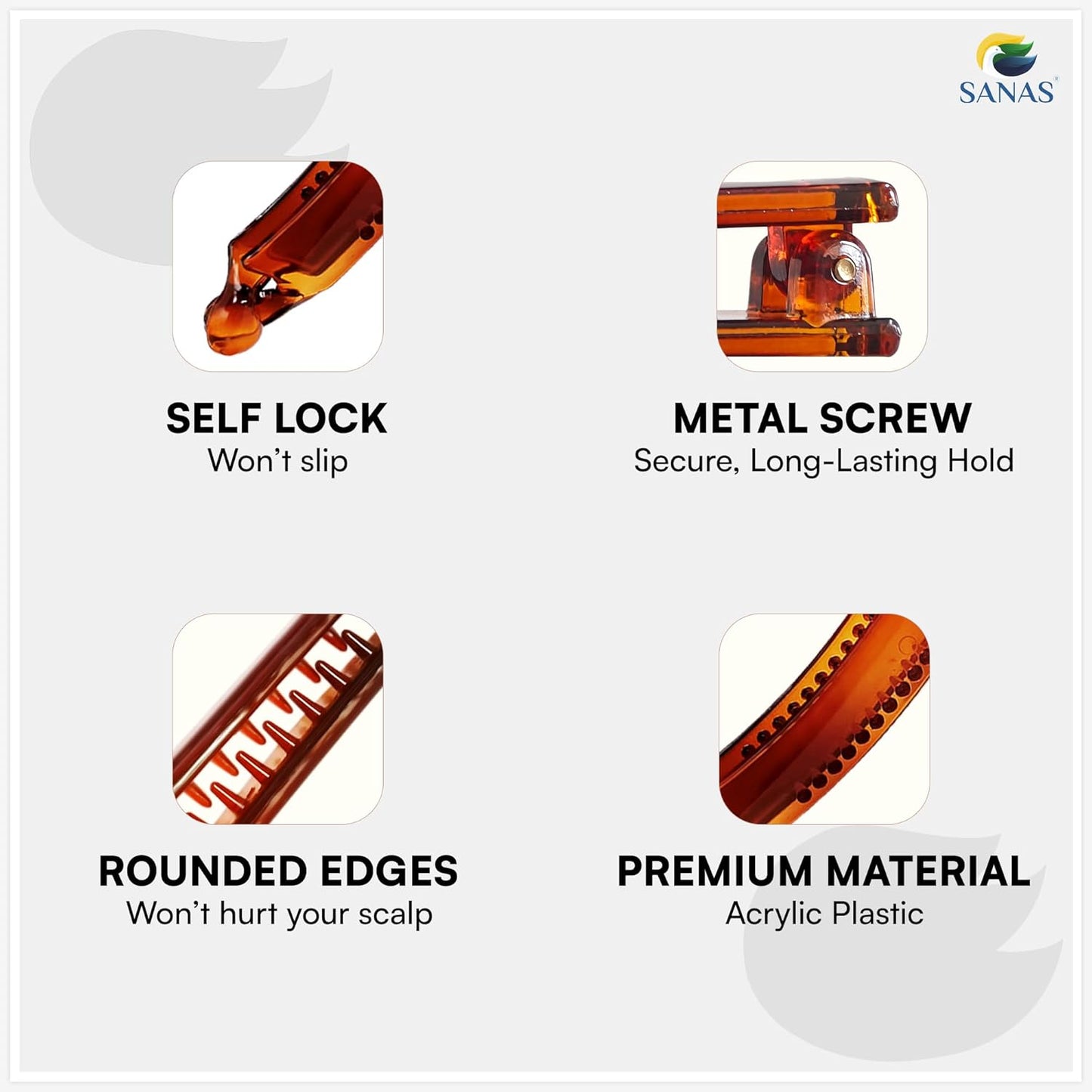Product features with icons and text on a white background, including 'Self Lock', 'Metal Screw', 'Rounded Edges', and 'Premium Material'.
