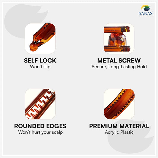 Product features with icons and text on a white background, including 'Self Lock', 'Metal Screw', 'Rounded Edges', and 'Premium Material'.