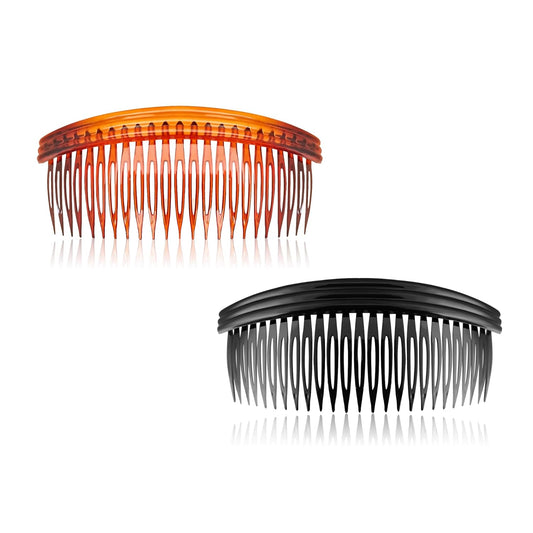 Two hair combs, one orange and one black, on a white background