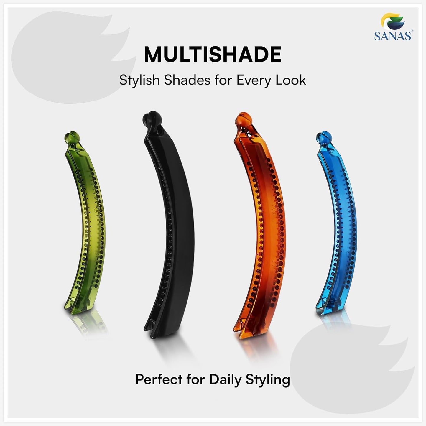 Four colorful hair clips in green, black, orange, and blue on a white background with 'SANAS' branding.