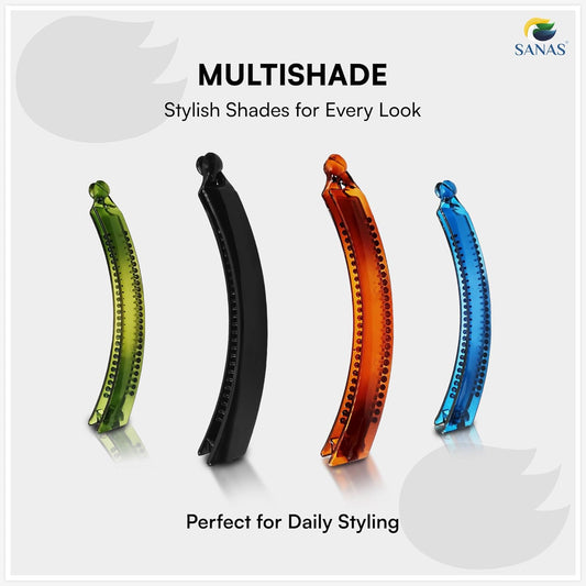 Four colorful hair clips in green, black, orange, and blue on a white background with 'SANAS' branding.