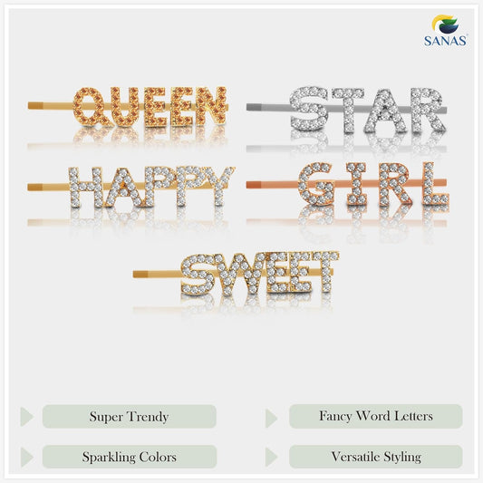 Decorative hair accessories with word letters on a white background, featuring the brand 'SANAS'.