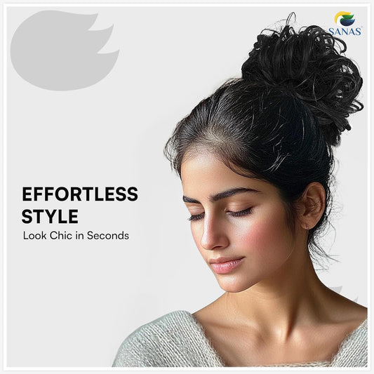 Woman with styled hair against a light background, featuring the Sanas brand.