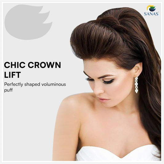 Woman with styled hair and 'Sanas' logo, text 'Chic Crown Lift' on a light gray background- Hair volume insert for women puff hairstyle styling